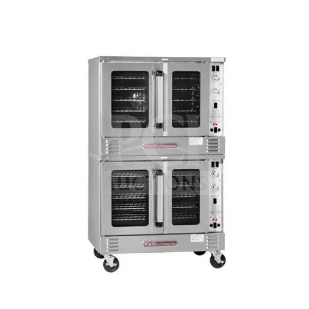Brand new Southbend SilverStar SL-Series double stacked stainless steel convection oven, model SLES20SC, with casters and thermostatic controls.