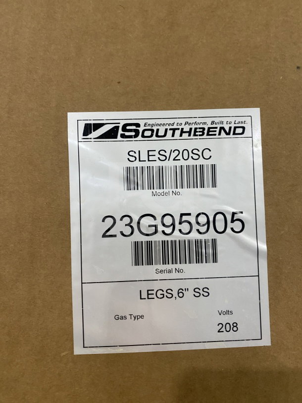 Label for Southbend SilverStar SLES20SC convection oven, SN:23G95905, 208V, 3 phase, with 6" stainless steel legs.