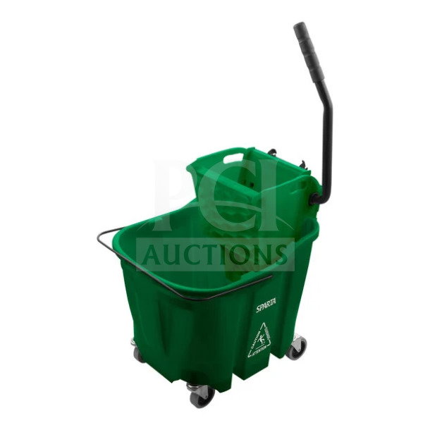 Brand new Sparta 35 Qt green mop bucket with side press wringer, model 8690409, on casters. Made of polypropylene.