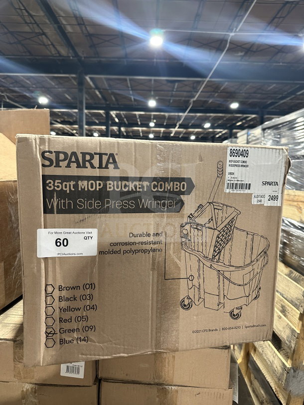 Sparta 35 Qt green mop bucket with side press wringer, model 8690409, new in box. Durable polypropylene, on casters.