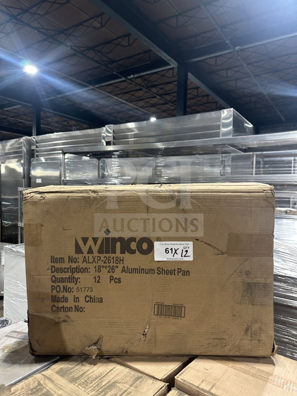 Winco 18"x26" Commercial Aluminum Sheet Pan, model ALXP-2618H, in original box, quantity 12. New condition.