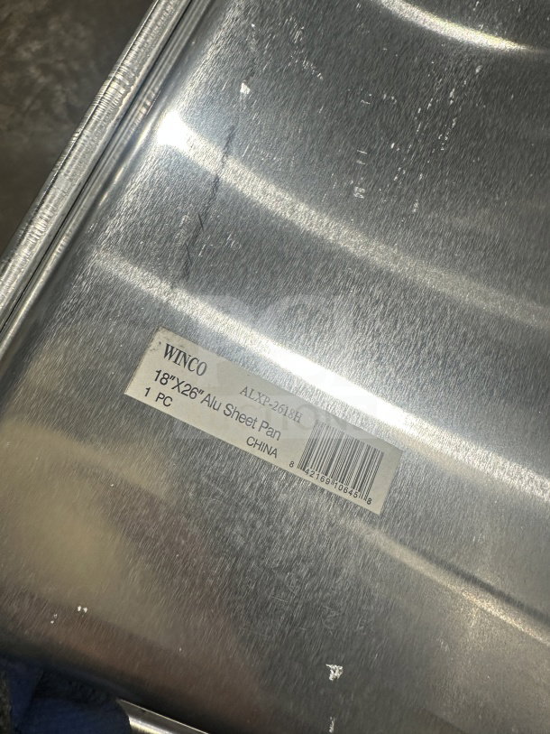 Winco ALXP2618H 18"x26" full-size aluminum sheet pan, brand new with label showing model and SN: 10342169106455.