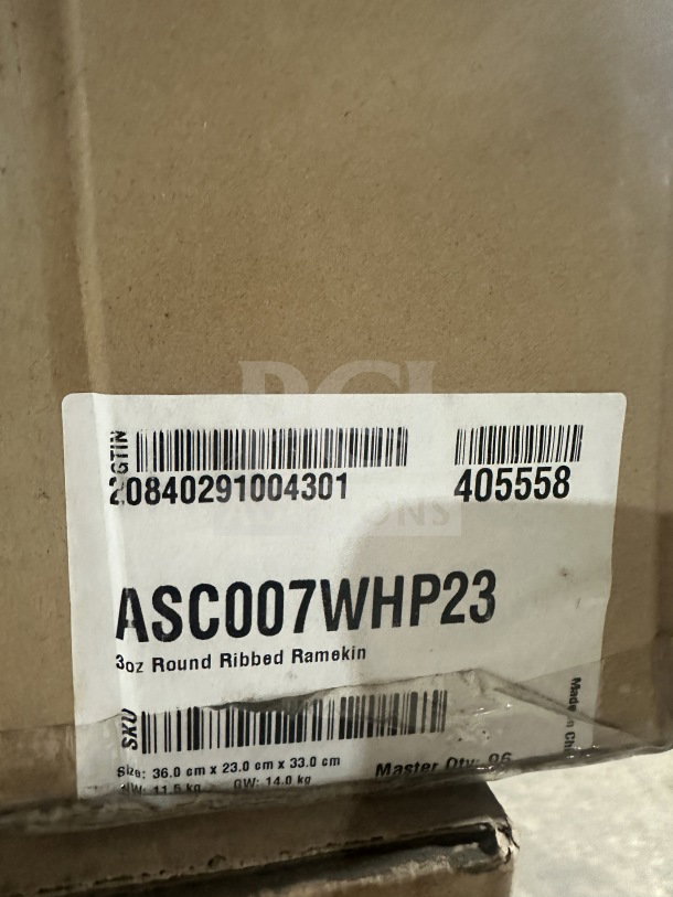 Brand new Foh 3-oz white ribbed ramekin cups, 12 per case, ASC007WHP23 model, commercial use. Box label shown.