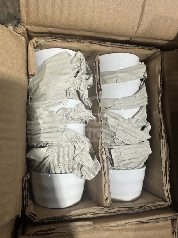 Brand new Foh commercial 3-oz ribbed white ramekins, 12 per case, securely packed in cardboard for auction sale.