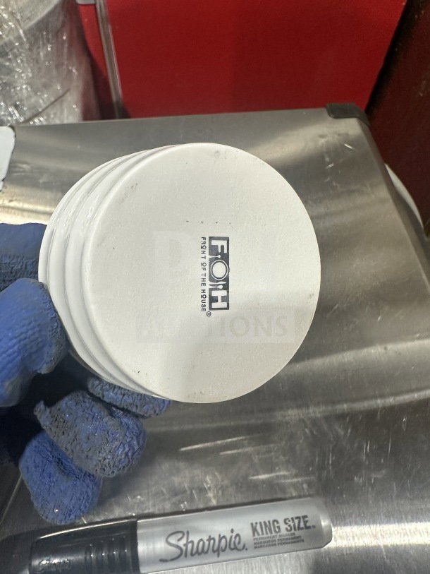 BRAND NEW Foh 3-oz white ribbed cups, 12 per case, marked with "Foh" logo, pristine condition.