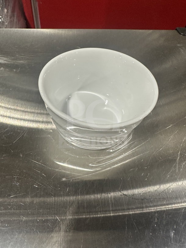 BRAND NEW Foh commercial white 3-oz ribbed cup/ramekin, porcelain, pristine condition. Auction includes 48 units.
