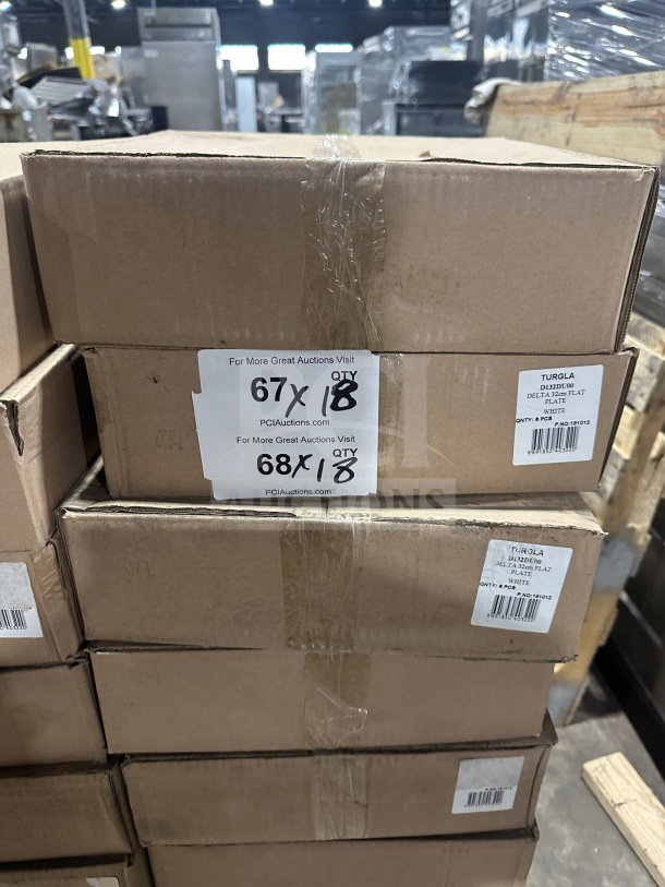 Six boxes of Turgla 12.5" white porcelain plates, model D132DU00, new with rolled edge, 18 sets available.