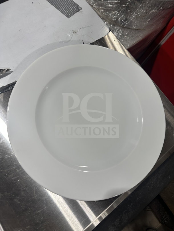 Brand new Turgla 12.5" round white porcelain plate, model D132DU00, with rolled edge and wide rim, pristine condition.