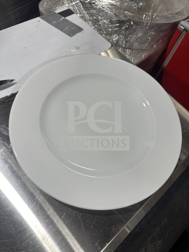 Turgla 12.5" round white porcelain plate with rolled edge and wide rim, model D132DU00, brand new condition.