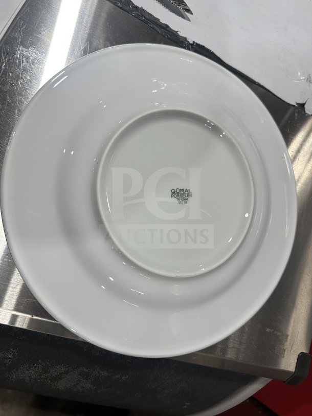 Brand new Turgla 12.5" round white porcelain plate, model D132DU00, with rolled edge and wide rim. Six per box.