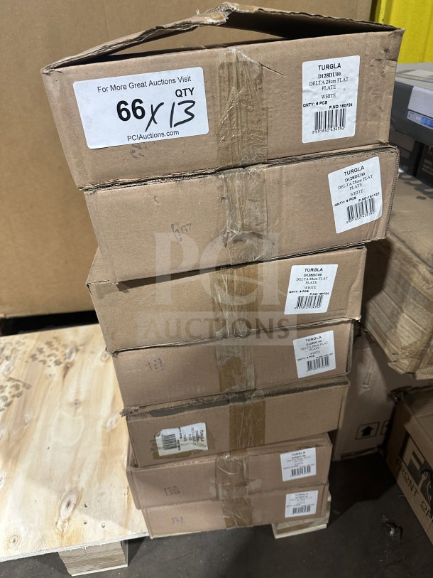 Boxes of Turgla D128DU00 porcelain dinner plates, new condition, 11" round with rolled edge; 6 per box, 13X bid available.