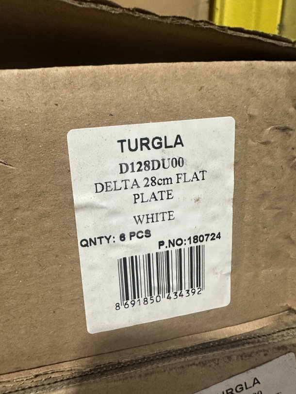 Box of six Turgla Model D128DU00 white porcelain dinner plates with rolled edge, 28 cm diameter, new condition.
