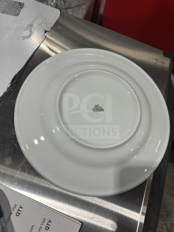 BRAND NEW Gural Porselen 12.5" white porcelain plate with rolled edge, wide rim, model D132DU00, SN: 006704, logo visible.