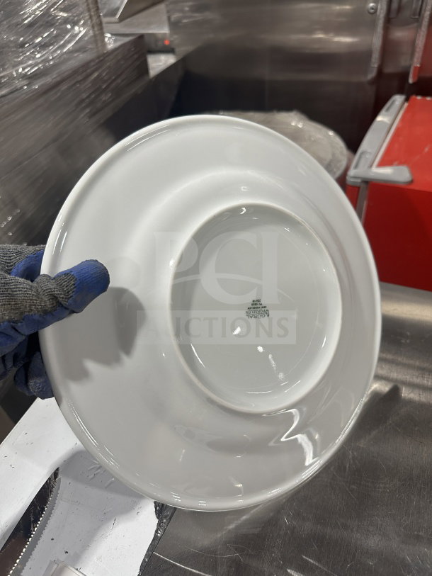 Gural Porselen 12.5" white porcelain plate, model D132DU00, with rolled edge and wide rim. Brand new, commercial quality.