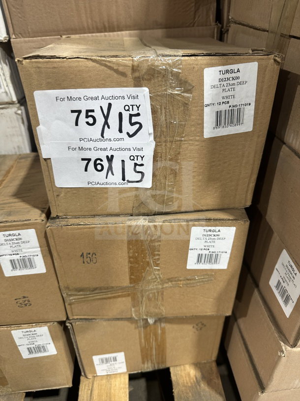 Cardboard boxes labelled "Turgla DI23CK00 Delta 23cm Deep Plate, White," containing 12 pieces each, stacked on a pallet.