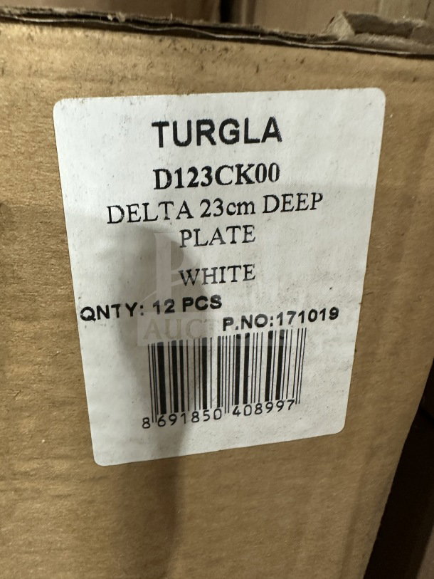 Box labeled Turgla D123CK00, Delta 23cm deep plate, white, quantity 12. Barcode and product number 171019 visible.