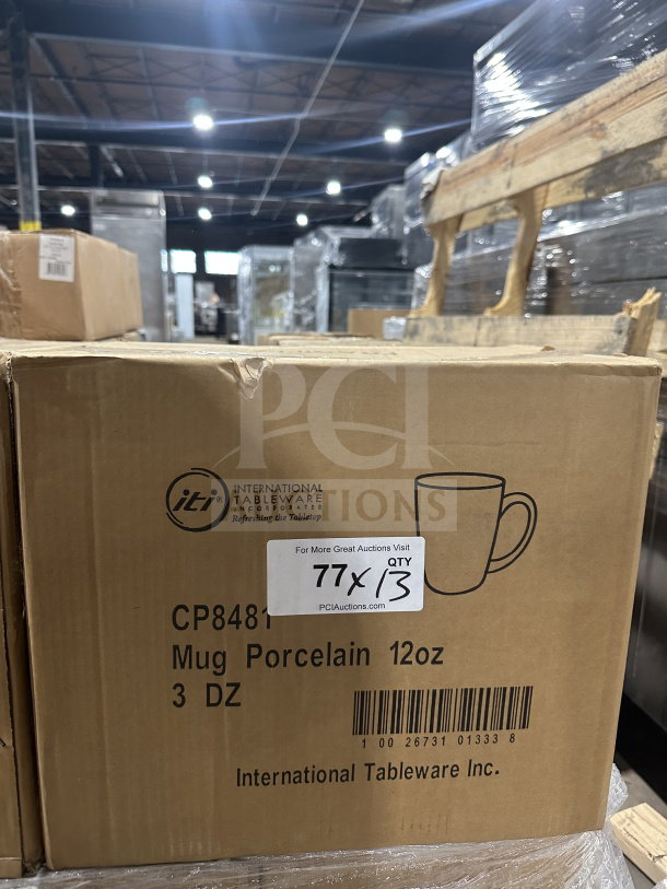 Box of Iti CP8481 porcelain 12 oz white mugs, 3 dozen per box, model CP8481, SN: 10026731013338. Brand new condition.