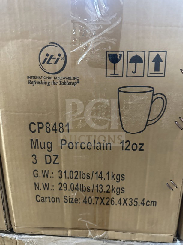 Brand new Iti CP8481 12 oz porcelain white mugs, 3 dozen per box, model markings visible on carton.