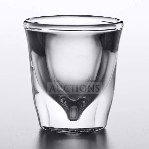 Brand new Anchor Hocking 1 oz clear glass whiskey shot glass, model 3668U. Commercial grade, pristine condition.