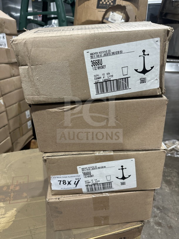 Boxes of brand new Anchor Hocking 1 oz whiskey shot glasses, Model 3668U, 72 per box, with visible labels and markings.