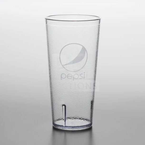 Brand new Pepsi 24 oz. clear pebbled tumbler, Model 66241CP. Logos visible. Two dozen per box.