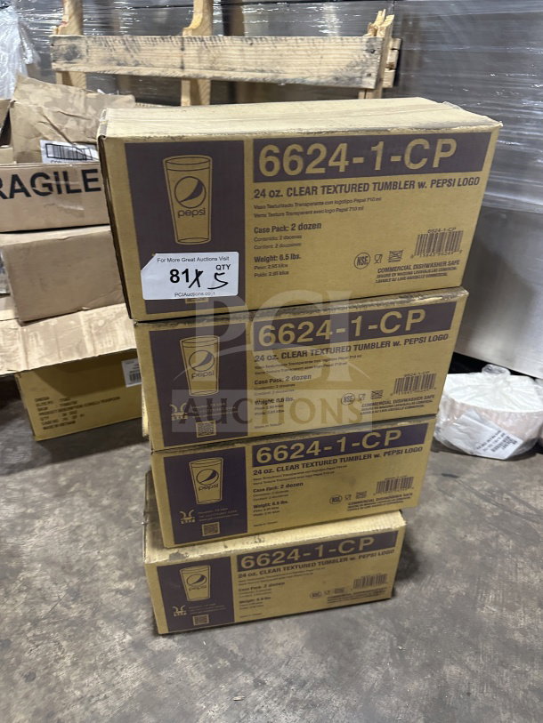 Boxes of 24 oz. clear textured Pepsi tumblers, model 6624-1-CP, 2 dozen per box, brand new in packaging.