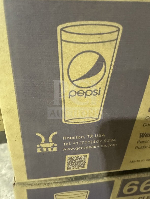 Brand new Pepsi 24 oz. clear pebbled plastic tumblers, model 6624-1-CP, 2 dozen per box, five times your bid. Box with label showing a tumbler and contact details.