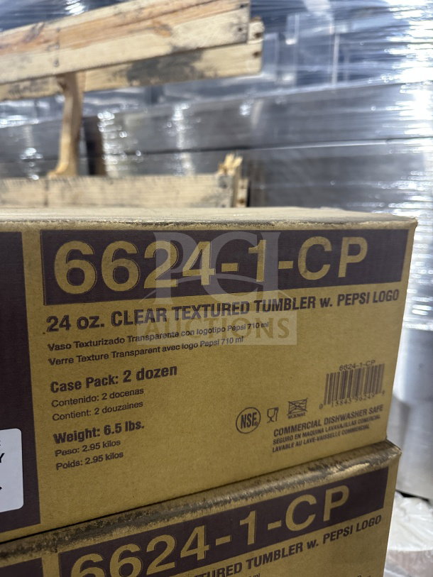 Pepsi 24 oz clear pebbled tumbler, model 66241CP. Brand new, commercial dishwasher safe, 2 dozen per box. Case weight: 6.5 lbs.
