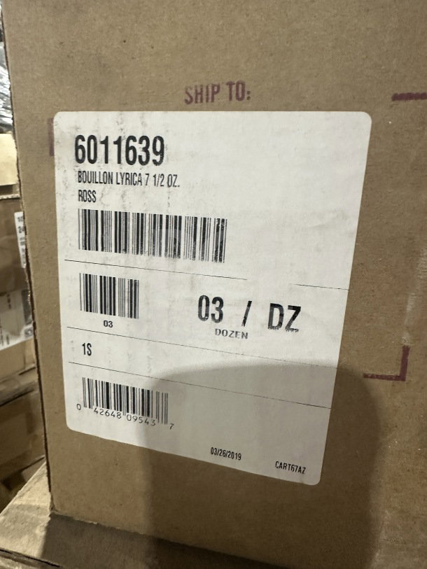 Box label for Homer Laughlin Lyrica Series 7.5 oz bouillon cups, Model 6011639, 3 dozen per box.
