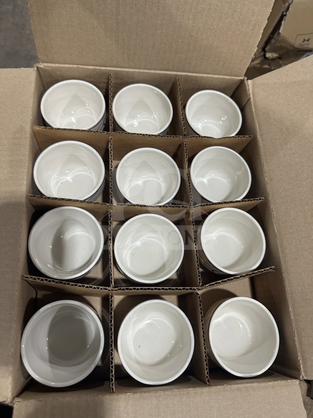 Brand new Homer Laughlin Lyrica Series 7.5 oz bouillon cups, model 6011639, in a box of 3 dozen. Vitrified china.