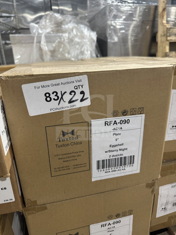 Box of BRAND NEW Tuxton RFA-090 9" vitrified china dinner plates in eggshell, 2 dozen per box.