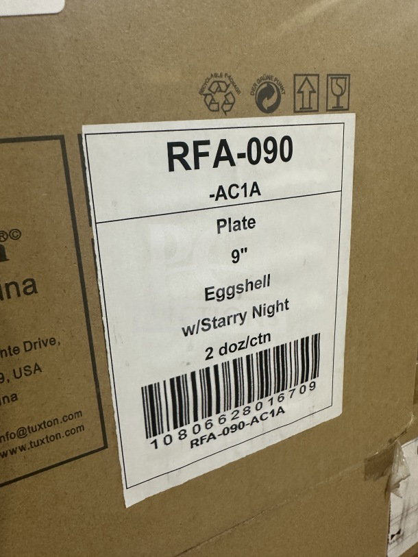 BRAND NEW 9" Tuxton RFA-090 vitrified china dinner plate, eggshell color, "Starry Night" design, 2 dozen per box.
