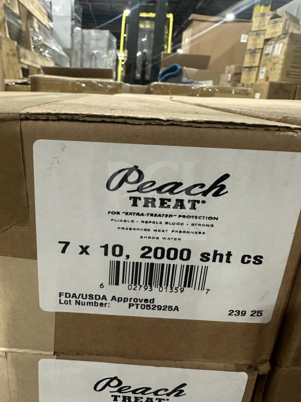 Box of Peach Treat 7x10" steak paper sheets, 2,000 per case, FDA/USDA approved, lot number PT052925A.
