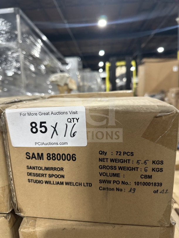 Santol SAM880006 dessert spoon box, labeled "Santol/Mirror," 72 pcs, Studio William Welch Series, new condition.