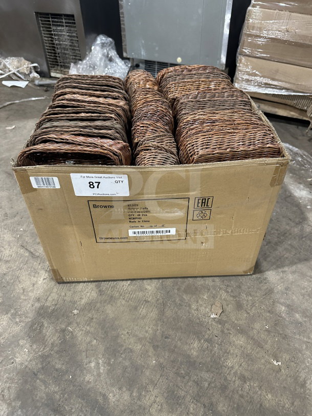 Brand new Browne woven polypropylene baskets, 48 pieces in box, suitable for food display and serving.