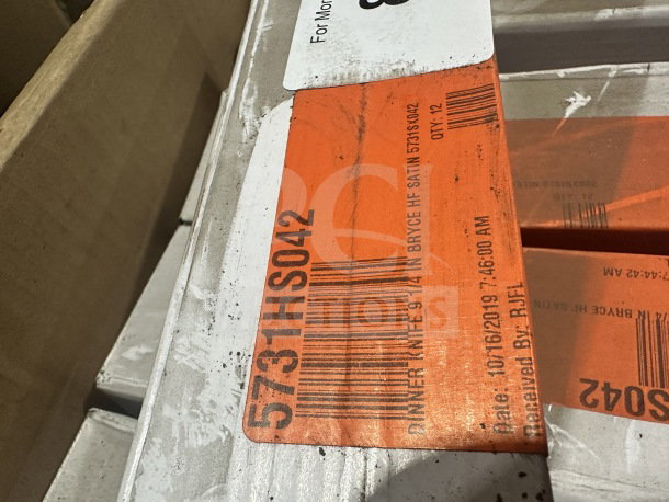 New commercial 9.25" stainless steel dinner knife, unopened case of 12. Label indicates model 5731HS042, received 10/16/2019.