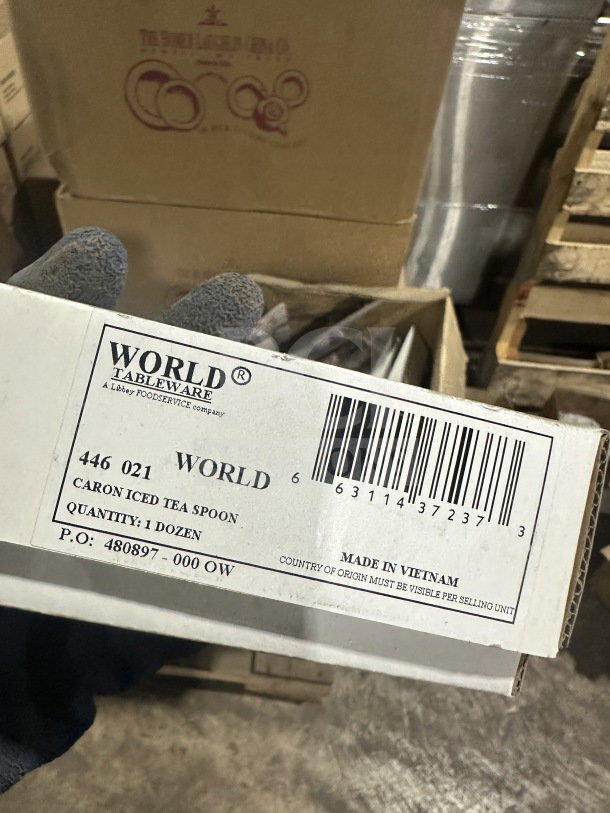 Box of World Tableware Caron teaspoons, model 446021, in original packaging. Contains 1 dozen, brand new, made in Vietnam.
