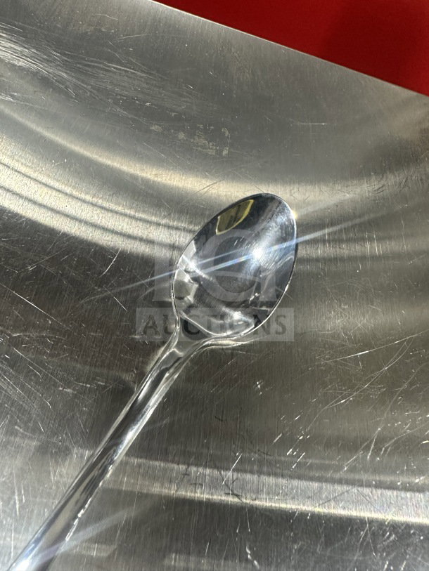 Brand new World Tableware stainless steel Caron teaspoon, Model 446021, shown on a reflective surface.