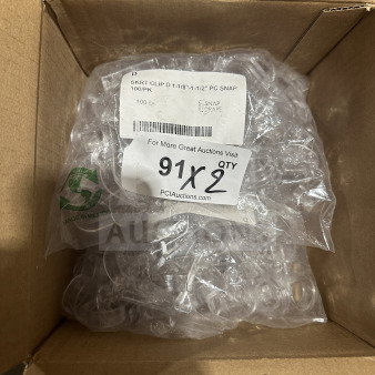 Brand new Snap commercial clear polycarbonate plastic drape skirt clips, pack of 100, labeled 1-1/8"-1-1/2", made in Mexico.