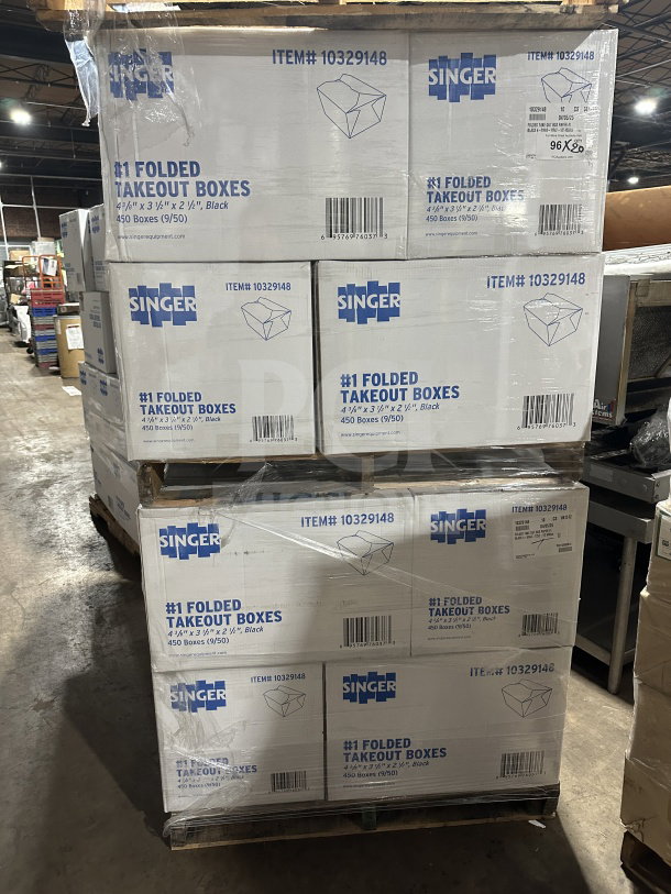 Singer commercial folded takeout boxes, 4-3/8" x 3-1/2" x 2-1/2", 450 per box, item #10329148, new condition.