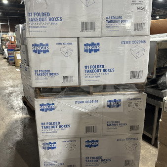 Singer commercial folded takeout boxes, 4-3/8" x 3-1/2" x 2-1/2", 450 per box, item #10329148, new condition.