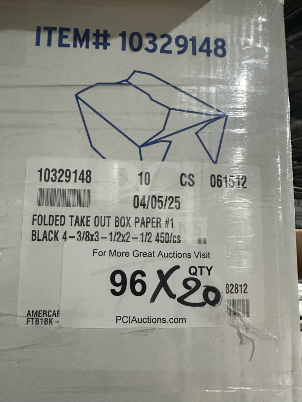 Brand new Singer takeout boxes, 4-3/8"x3-1/2"x2-1/2", 450 per box, item# 10329148, black, 96 packs available.