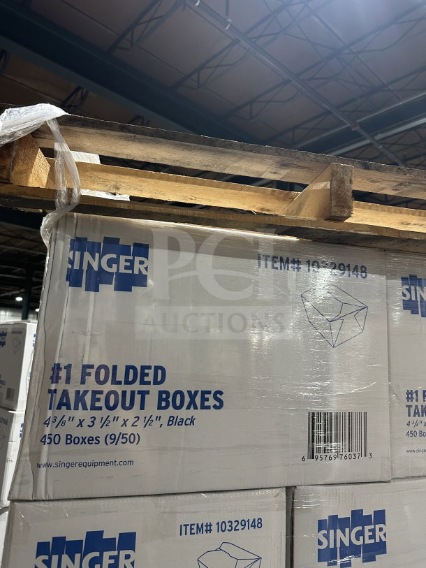 BRAND NEW Singer folded takeout boxes, 4-3/8" x 3-1/2" x 2-1/2", 450 per box. Item# 10329148.