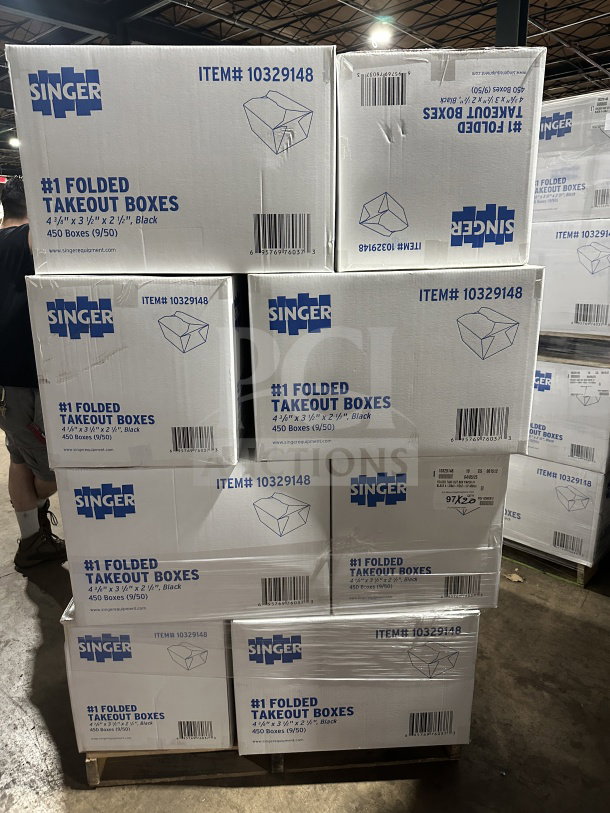 BRAND NEW Singer takeout boxes, 4-3/8" x 3-1/2" x 2-1/2", 450 pcs per box, item #10329148, stacked on a pallet.