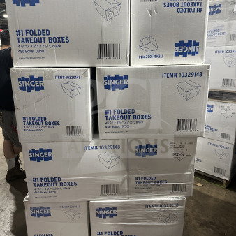 BRAND NEW Singer takeout boxes, 4-3/8" x 3-1/2" x 2-1/2", 450 pcs per box, item #10329148, stacked on a pallet.