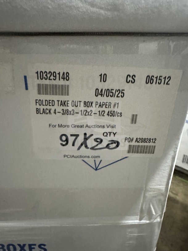 Brand new Singer folded takeout boxes, size 4-3/8" x 3-1/2" x 2-1/2", 450 per case, label shows item details and quantity.