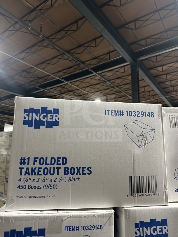 BRAND NEW Singer Folded Takeout Boxes, 4-3/8"x3-1/2"x2-1/2", Black, 450 count. Item #10329148 on box.