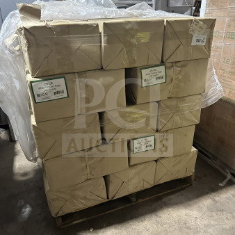 Brand new Atlas 25 LB paper grocery bags, model 4250002, 500 per box, stacked on a pallet in sealed packaging.