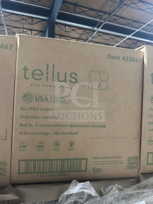 Tellus compostable clamshell container box, 8"x8"x3", 3-compartment, 200 per box. No PFAS, Kosher certified, made in USA.