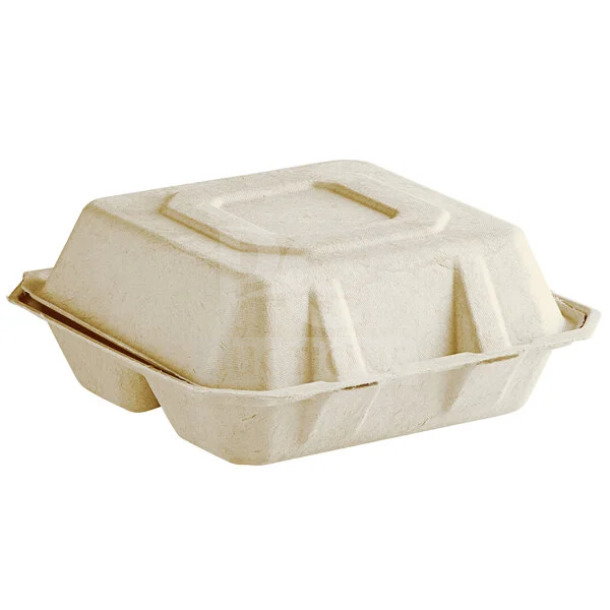 Brand new Tellus 8"x8"x3" 3-compartment compostable fiber clamshell container. Box of 200.